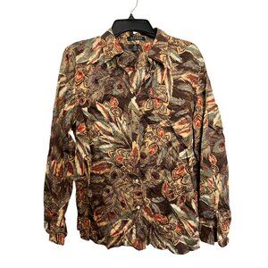 Lauren By Ralph Lauren Button Front Womens 1X Shirt Multicolor Feather Print Cot